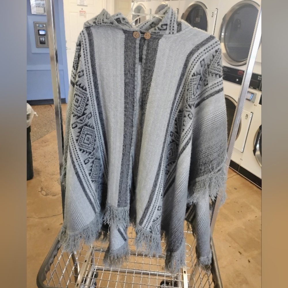 Gray Native Patterned Soft Hooded Poncho - image 1